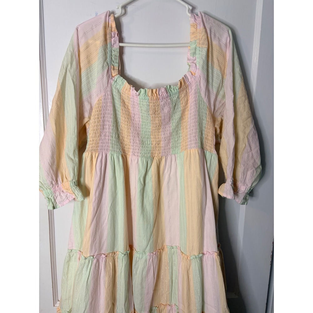 Crown & Ivy Pastel Rainbow Stripe Smocked Tiered Maxi Dress XL Sparkle Cotton